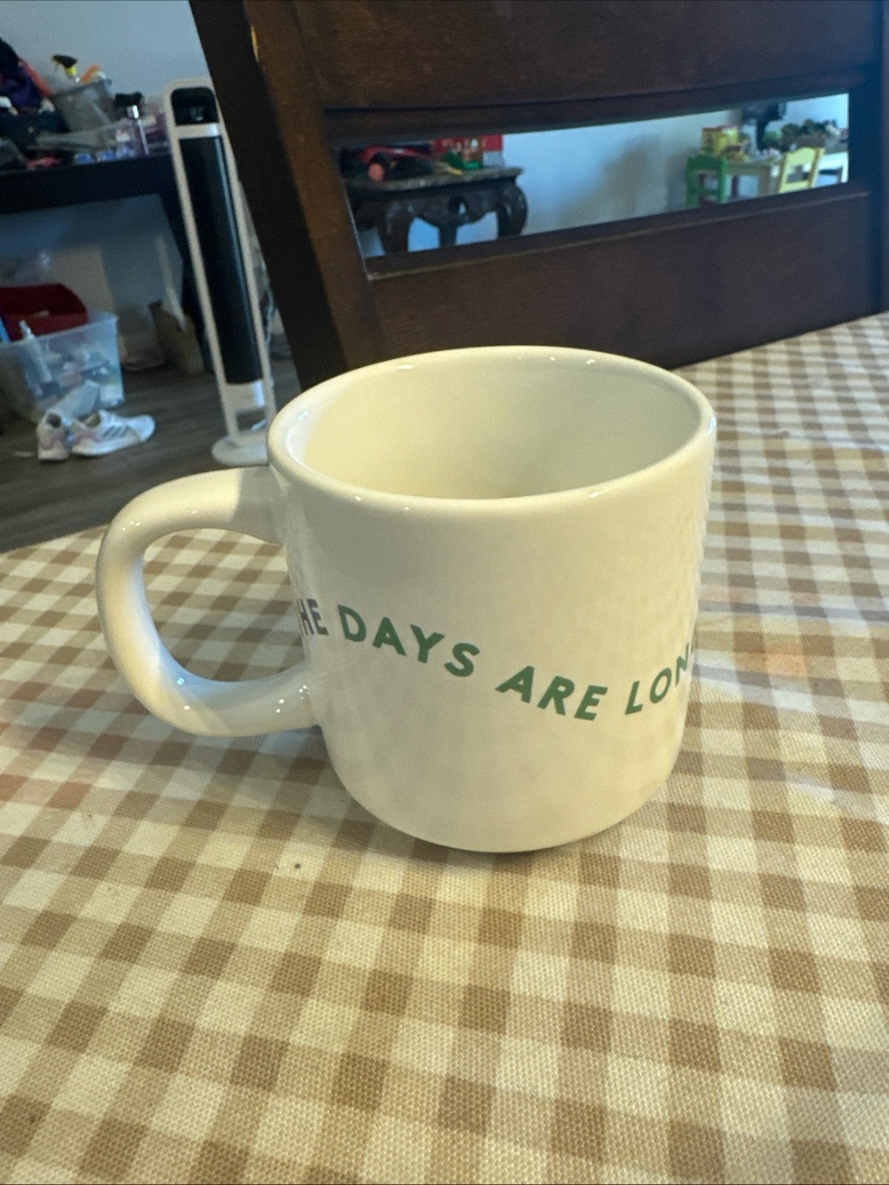 White Ceramic Coffee Mug with Green Text - Classic Home Dining Mug